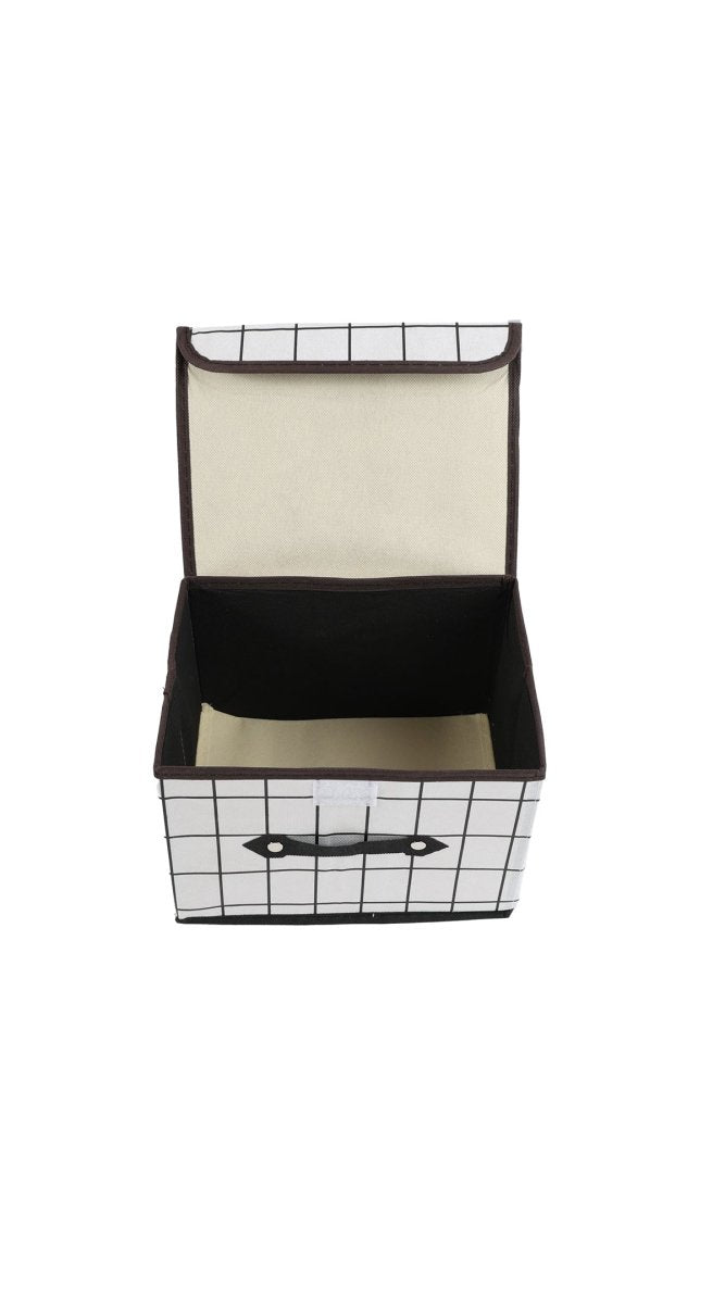 Fabric storage box with grid pattern and black handles, open top and foldable design