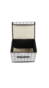 Fabric storage box with grid pattern and black handles, open top and foldable design