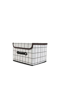 Fabric storage box with grid pattern and reinforced top rim, side handles visible