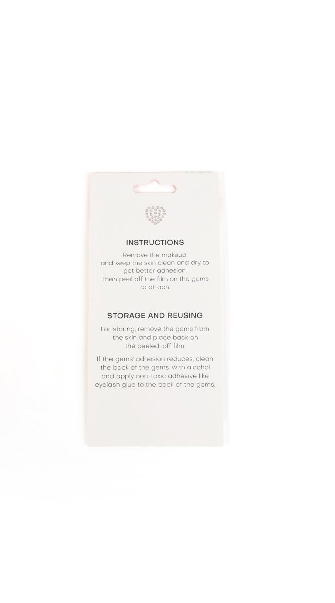 Face gem sticker instruction card with usage and storage text