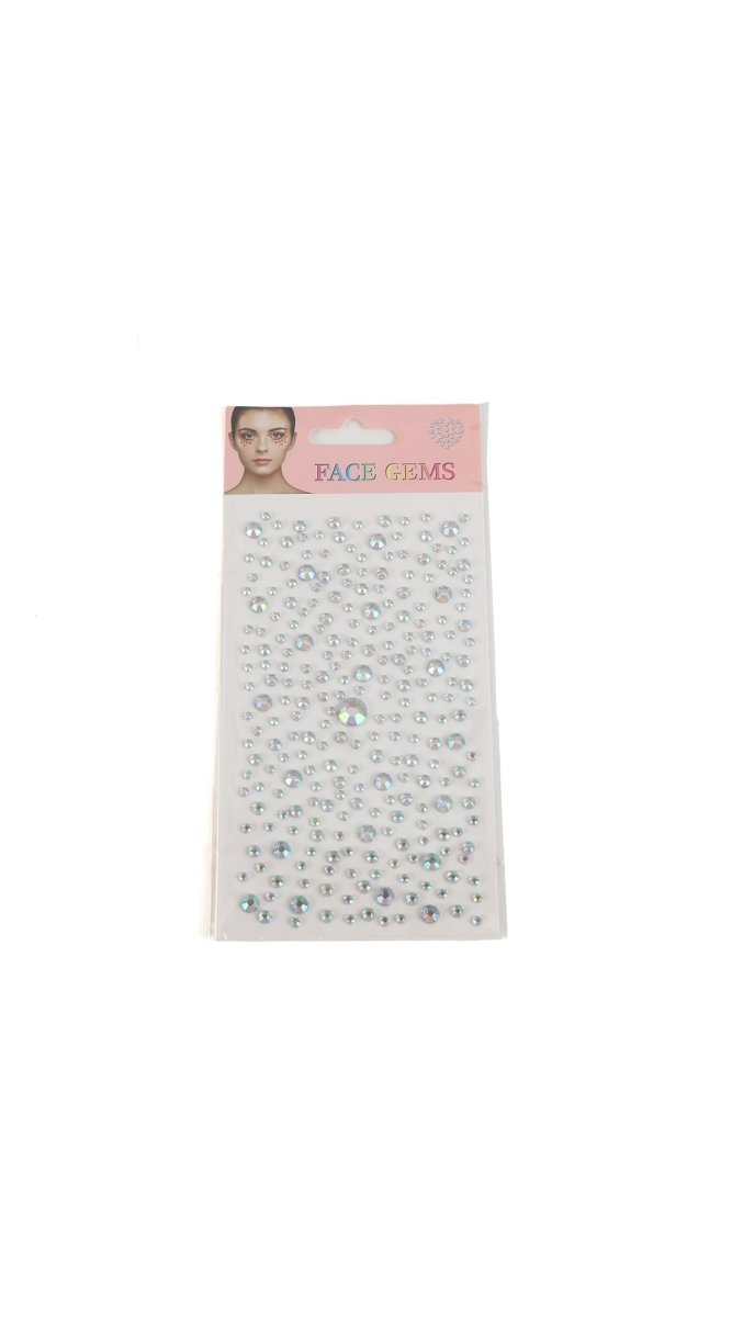 Face gem sticker sheet with many clear and iridescent rhinestone gems