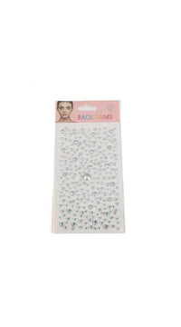 Face gem sticker sheet with many clear and iridescent rhinestone gems
