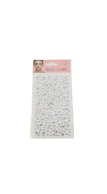 Face gem sticker sheet with many clear and iridescent rhinestone gems