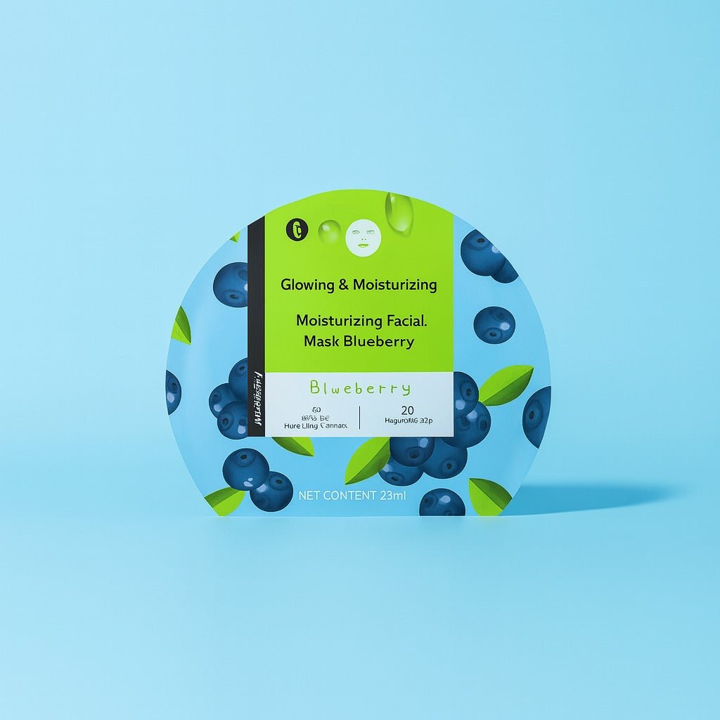 Moisturizing facial mask package, blueberry scent, blue and green design