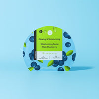 Moisturizing facial mask package, blueberry scent, blue and green design