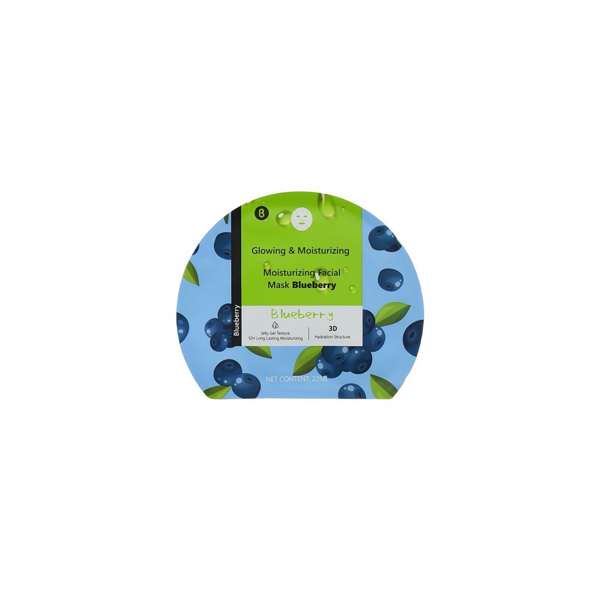 Moisturizing facial mask package with blueberry graphic, oval front label
