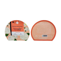 Camellia facial mask sachet front and back, orange pouch with barcode on reverse
