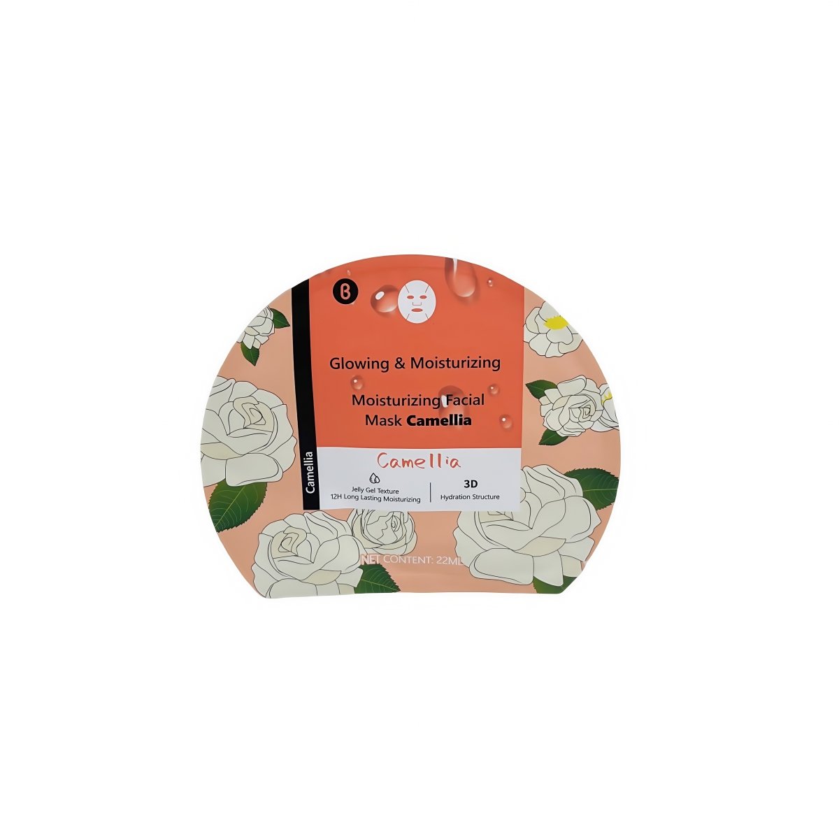 Single camellia facial mask sachet, orange label with English text and floral border