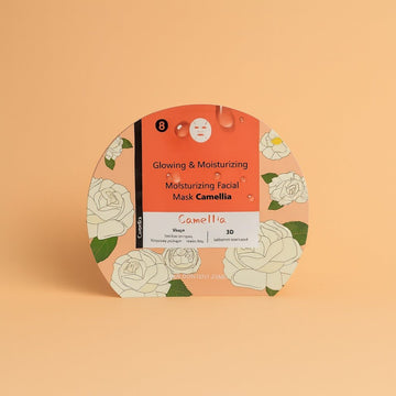 Camellia facial mask sachet with orange front, floral print and face-mask icon