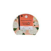 Camellia facial mask sachet, orange circular pack with floral roses and moisturizing text