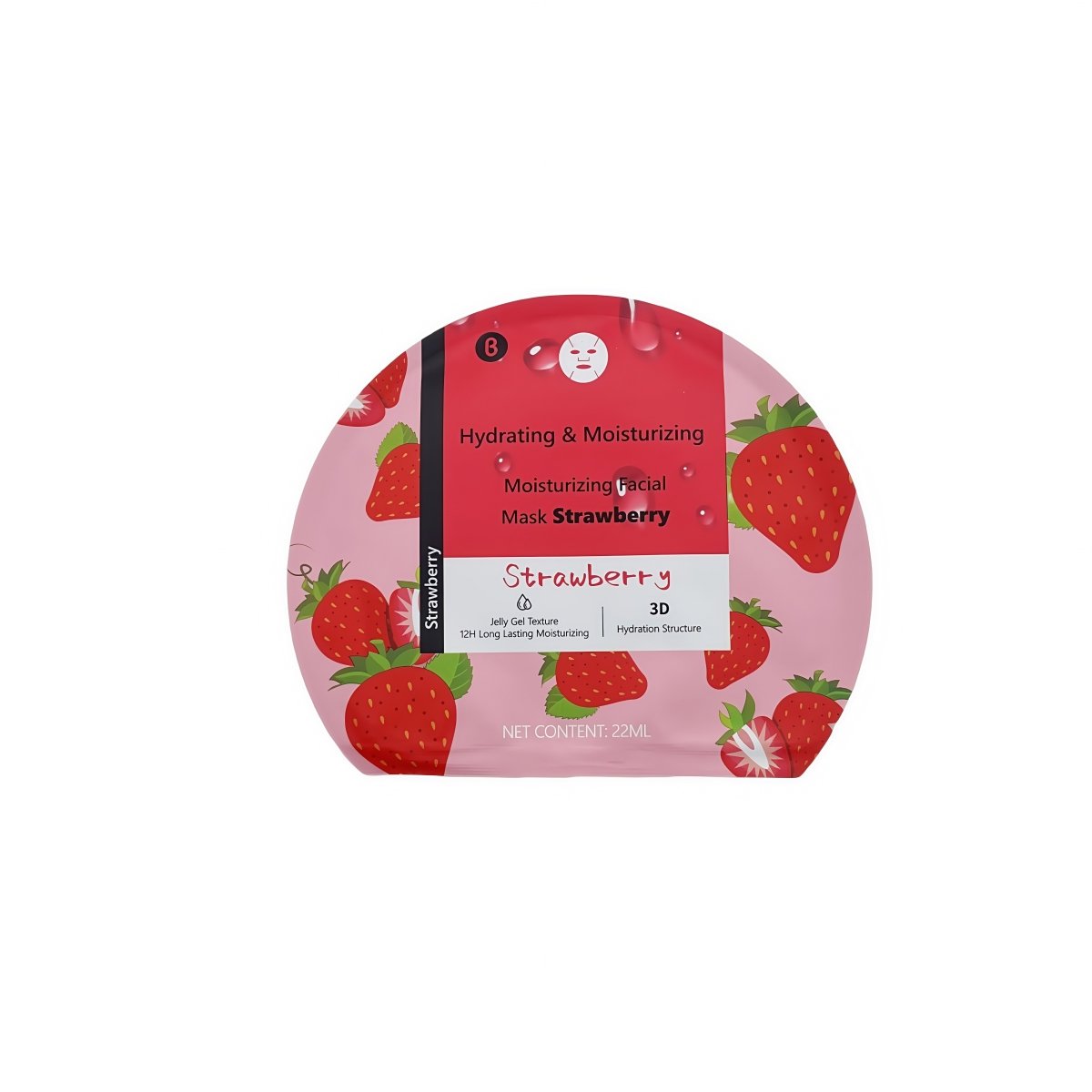 Facial mask pouch with strawberry graphics and “Hydrating & Moisturizing” label, 22ml