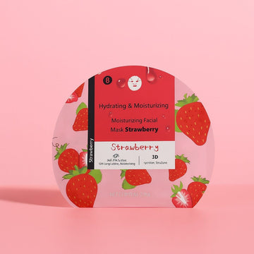 Facial mask pouch with strawberry graphics and “Hydrating & Moisturizing” text, 22ml
