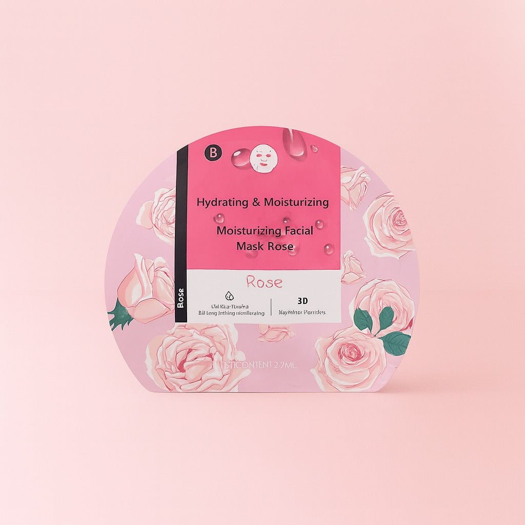Rose facial mask in pink dome packaging, hydrating & moisturizing 3D