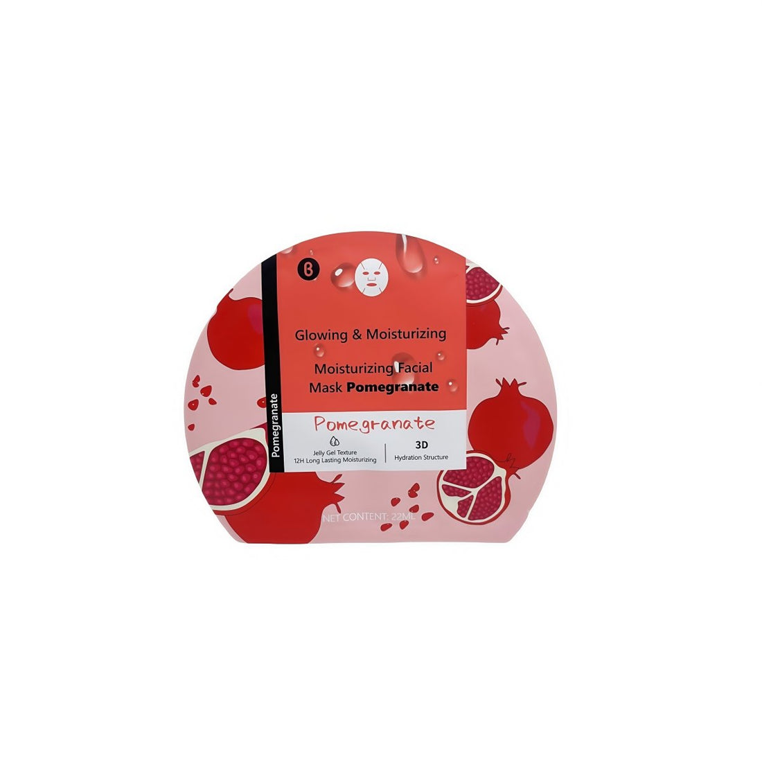 Pomegranate moisturizing facial mask sachet, red and white, front label visible