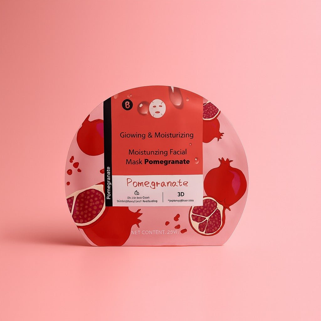Pomegranate moisturizing facial mask in red oval sachet with illustrated fruit graphics