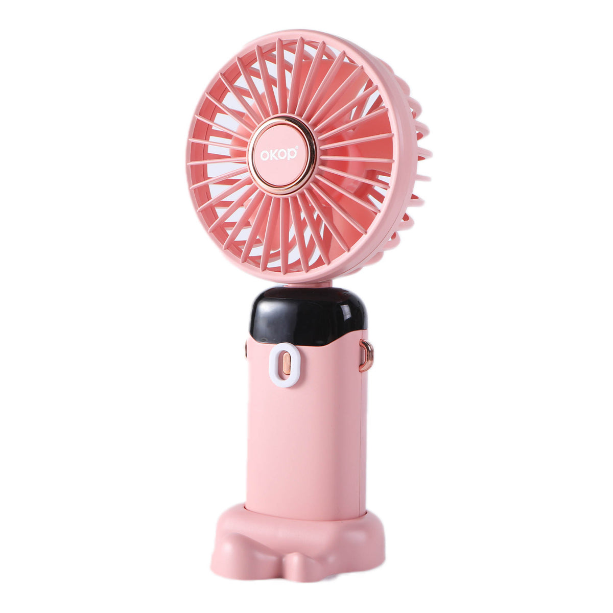 Pink mini portable fan, circular grille and compact base
