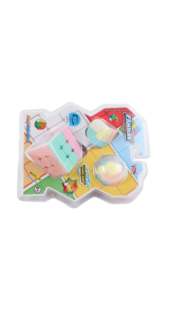 Fantasy cube puzzle blister pack with pastel panels and spherical puzzle pieces