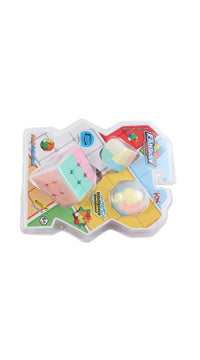 Fantasy cube puzzle blister pack with pastel panels and spherical puzzle pieces