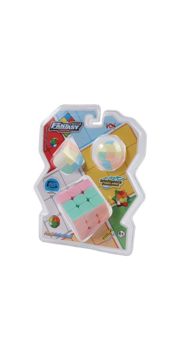 Fantasy 3D cube puzzle set blister pack showing pink, blue and green cube pieces