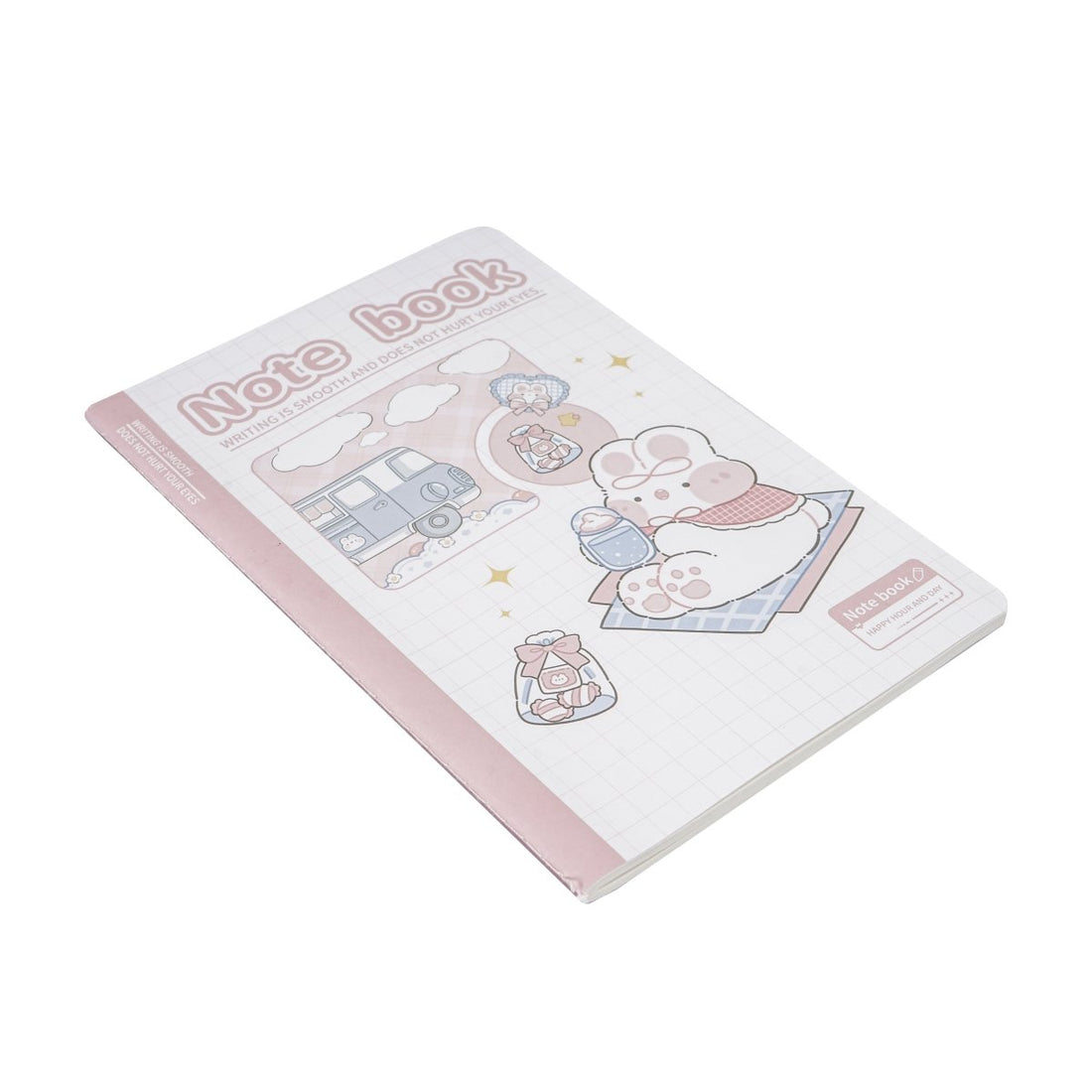A5 lined notebook with cute pastel cover, bear and star icons, pink border