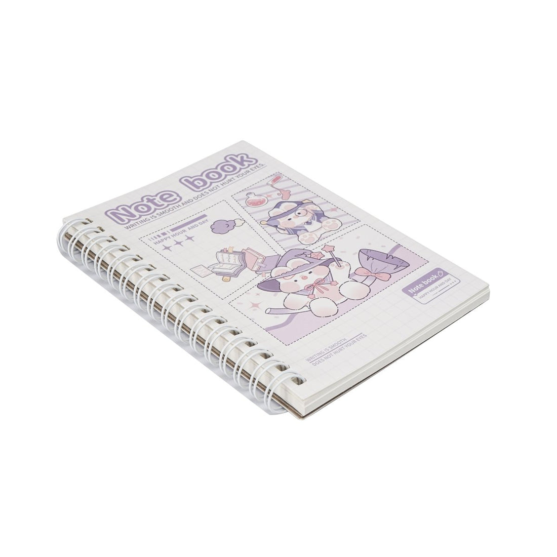 A6 spiral notebook with fantasy land cover, pastel purple and pink illustrations