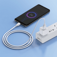 White USB-C charging cable plugged into a power adapter, coiled length