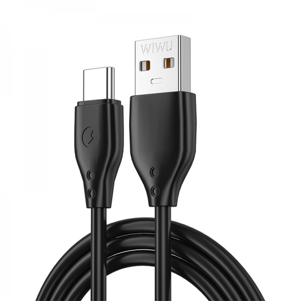 Black fast USB-C charging cable with USB-A and USB-C connectors, close-up
