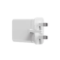 White USB-C wall charger with UK plug pins and side profile