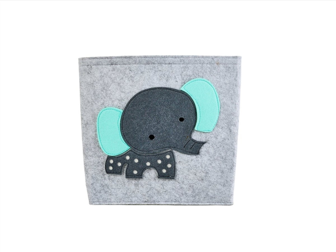 Felt animal storage basket with elephant face appliqué, gray with teal accents.