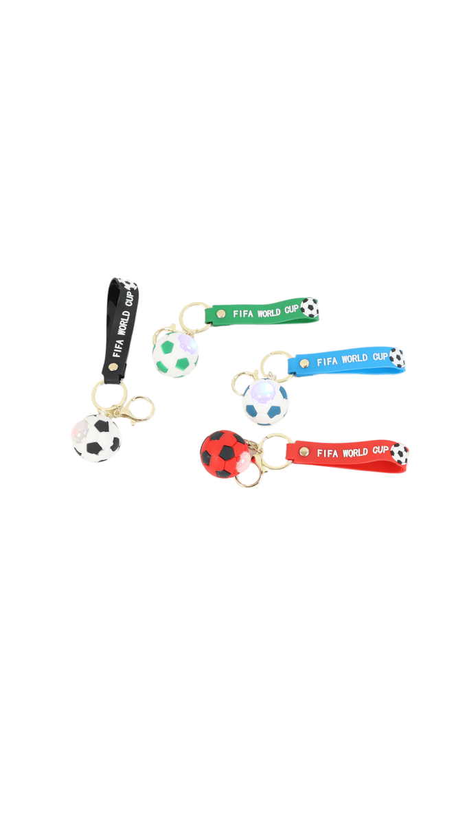 Assorted FIFA World Cup soccer keychains with soccer ball charms and gold rings