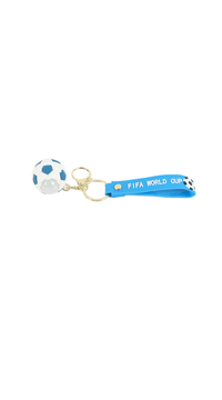 Blue FIFA World Cup soccer keychain with soccer ball charm and gold key ring