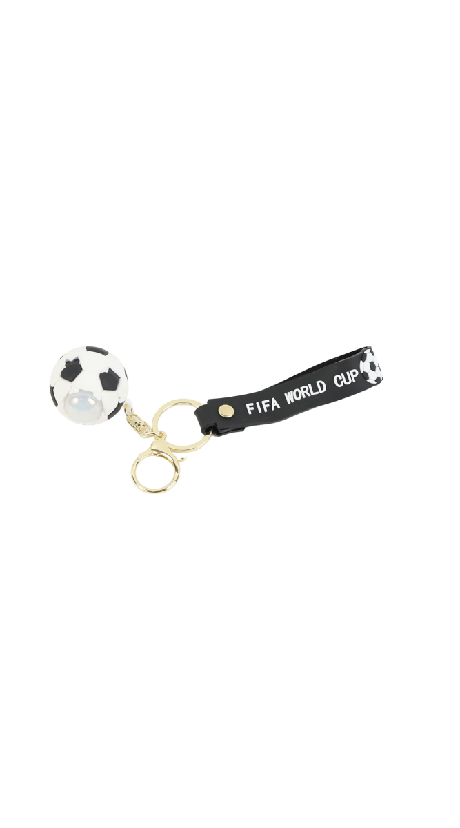 Black FIFA World Cup soccer keychain with soccer ball charm and gold key ring