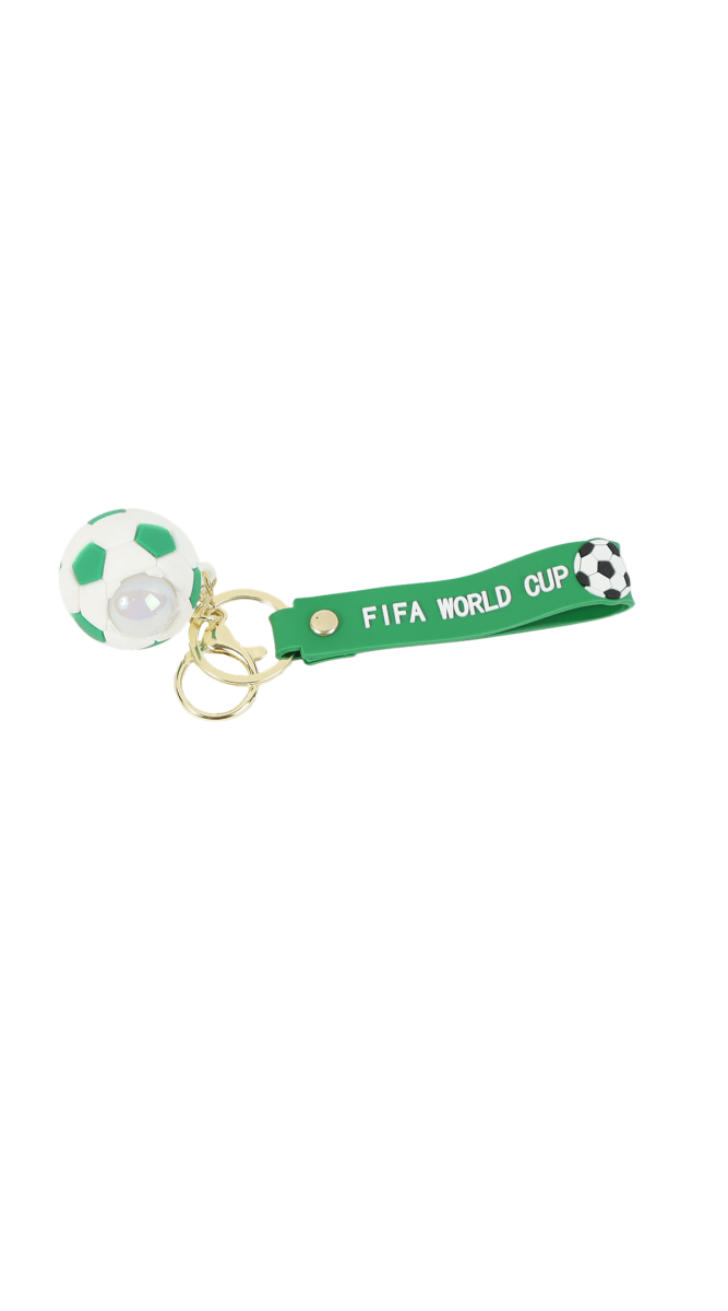 Green FIFA World Cup soccer keychain with soccer ball charm and gold clasp