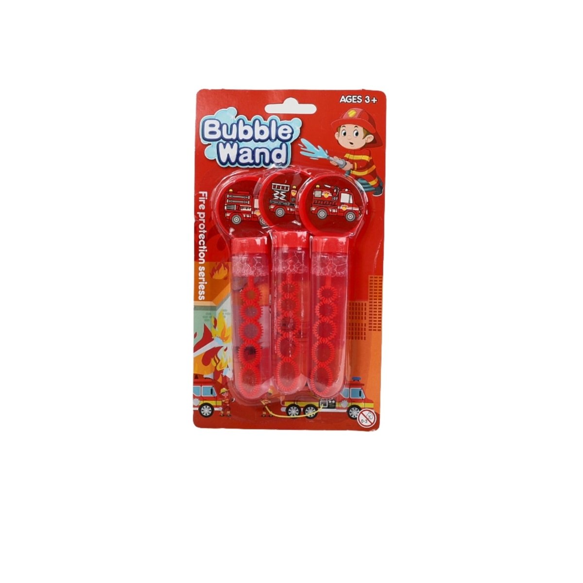 Fire truck bubble wand blister package showing three red and pink wands