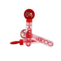 Fire truck bubble wand with red cap, pink handle, and bubble-ring nozzle