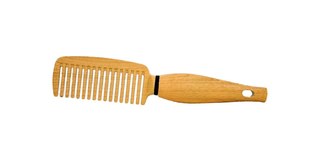 Wood-grain flat hair comb, side view, black strap and white handle hole
