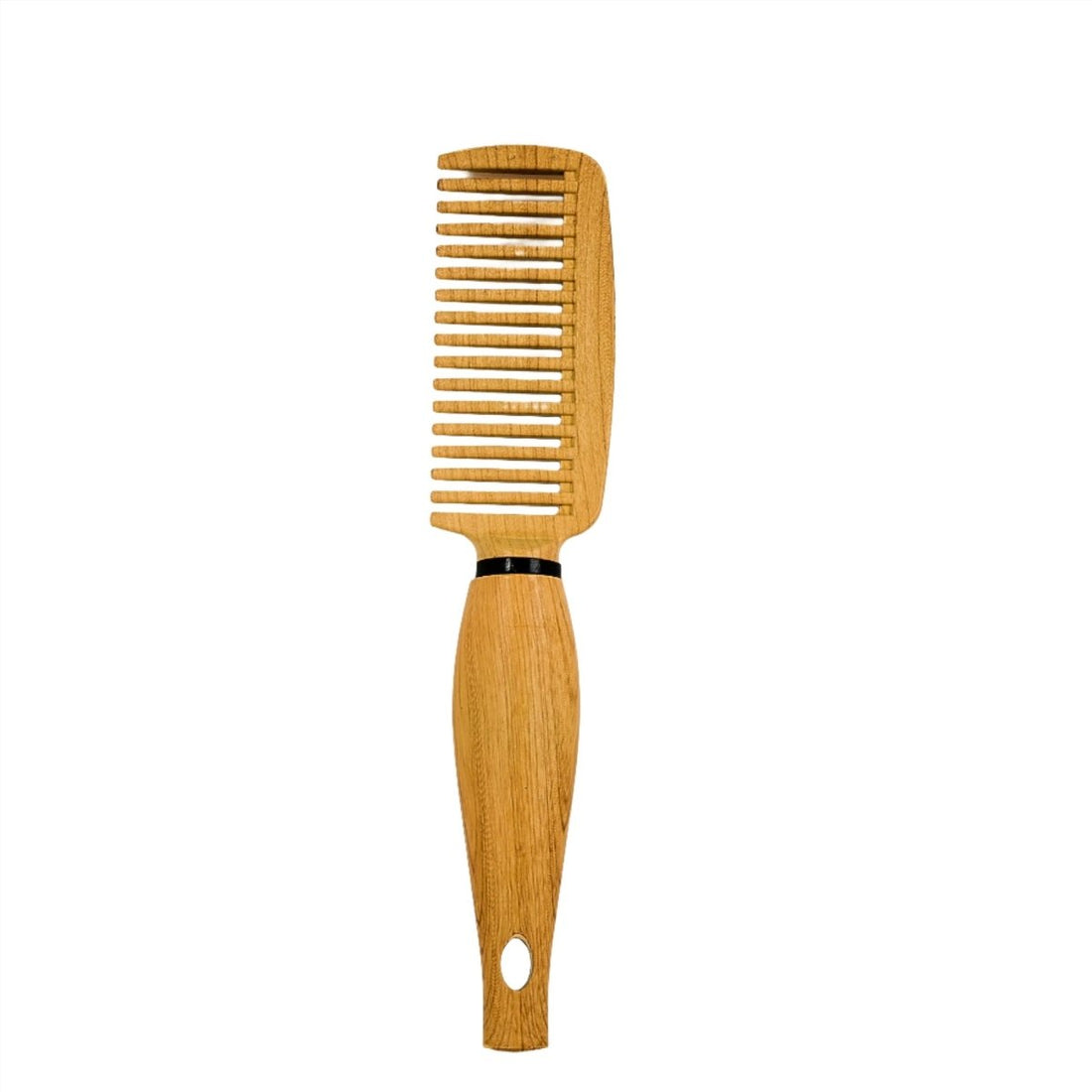 Wood-grain flat hair comb with black band and angled teeth