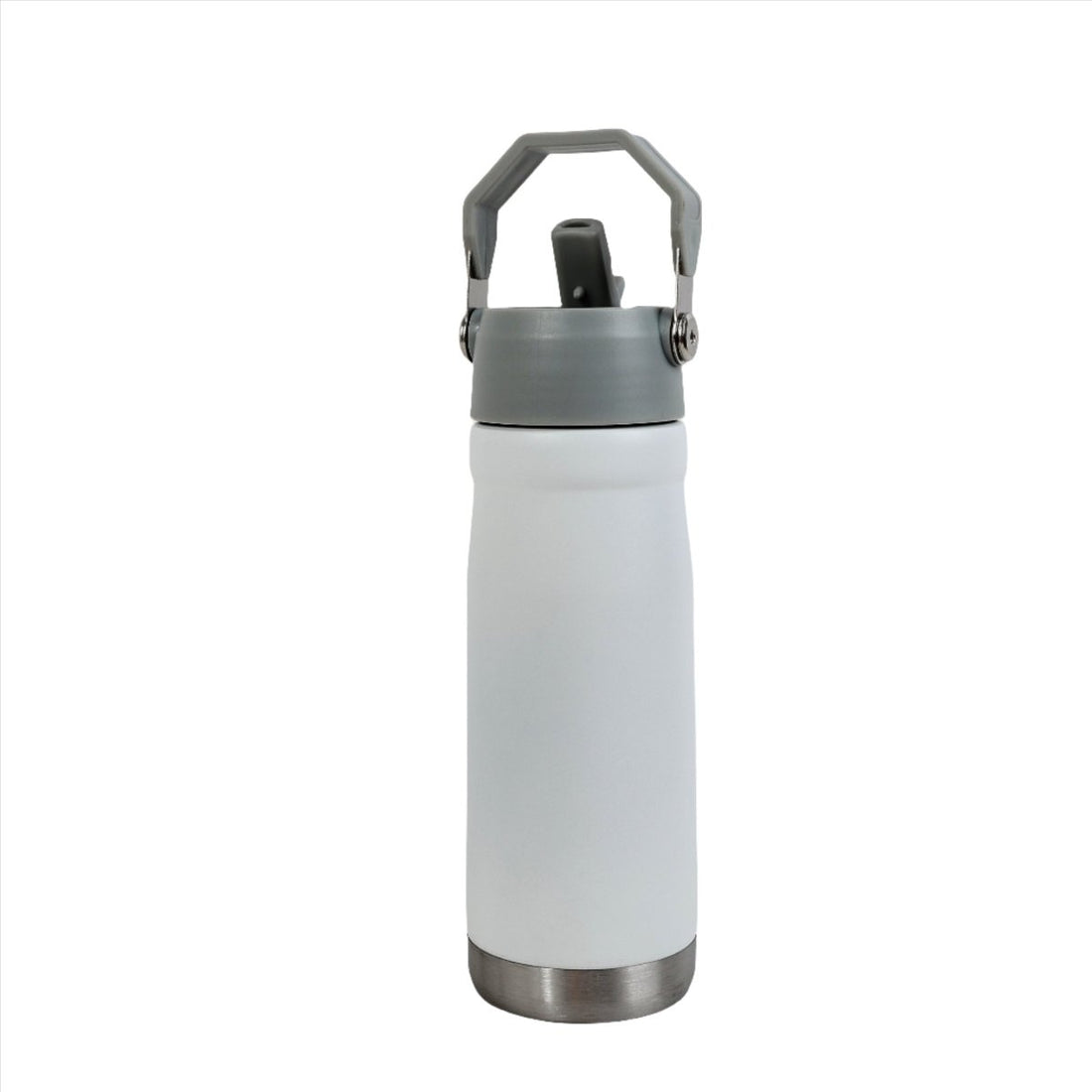 Stainless steel flip straw water bottle, white body with gray carrying handle