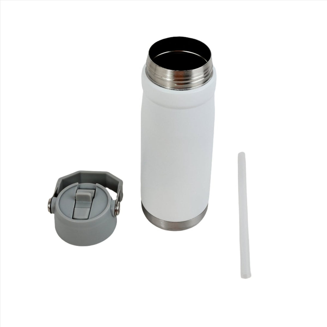 White stainless steel water bottle with flip straw lid and clear drinking straw