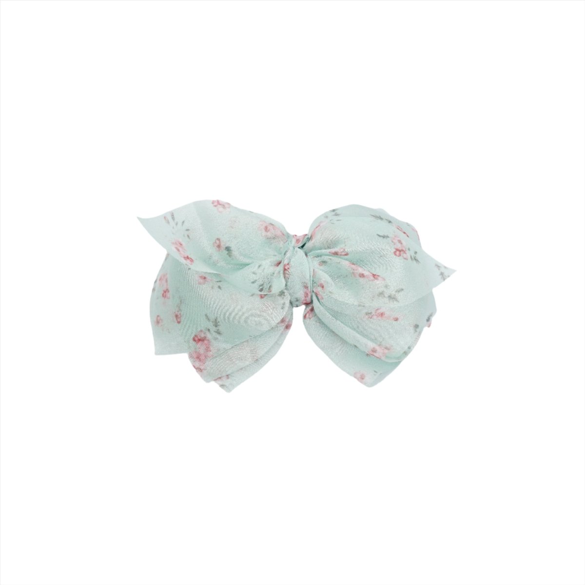 Floral fabric bow hair clip in mint with pink flowers, side bow with attached clip