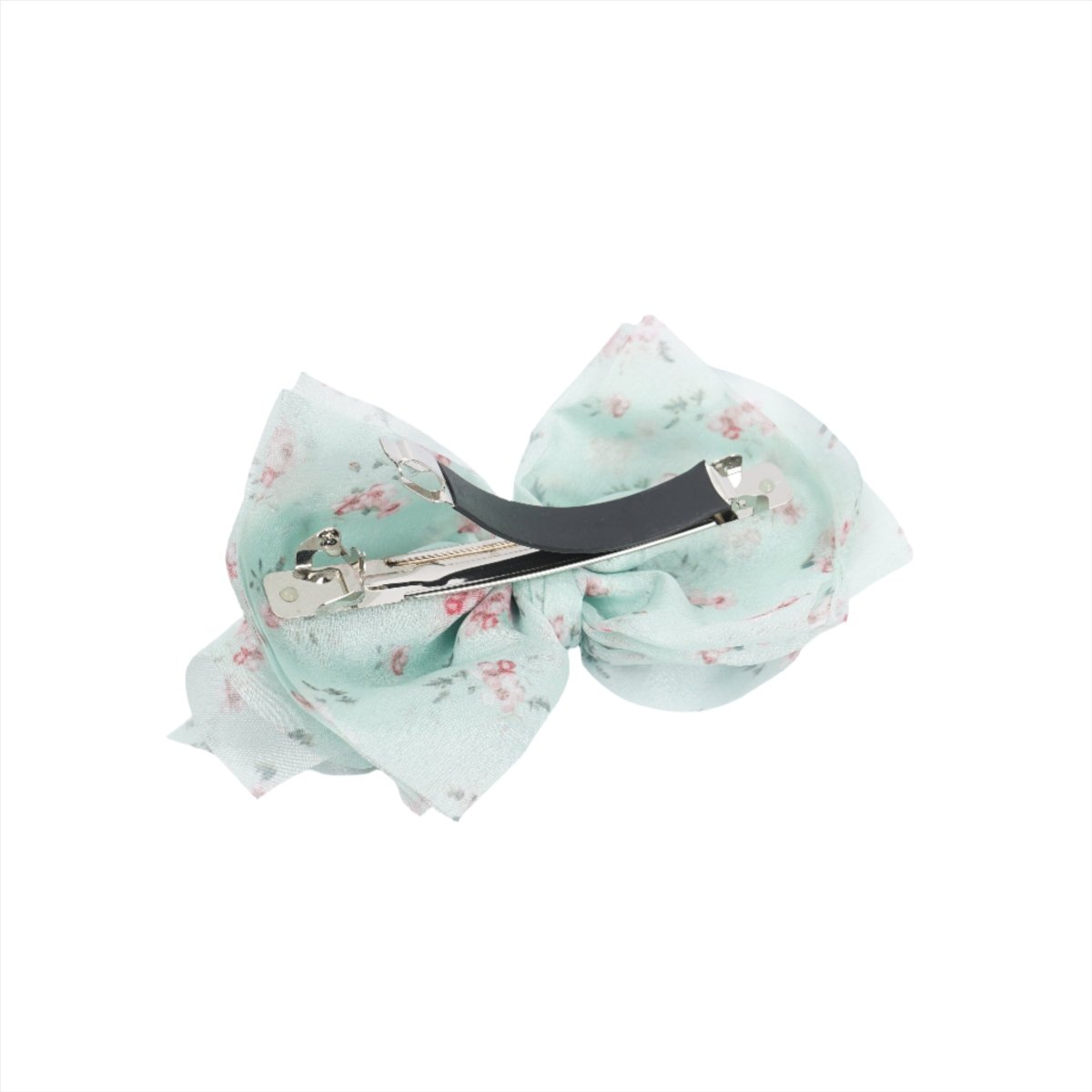 Floral fabric bow hair clip, mint ribbon bow with pink blossoms and silver teeth
