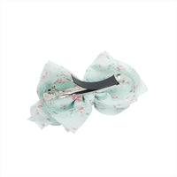 Floral fabric bow hair clip, mint ribbon bow with pink blossoms and silver teeth