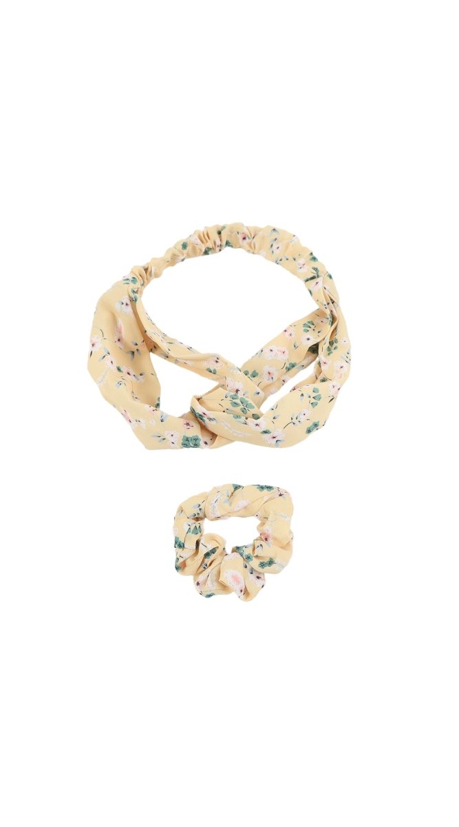 Floral patterned fabric headband with matching hair scrunchie set