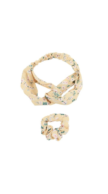 Floral patterned fabric headband with matching hair scrunchie set