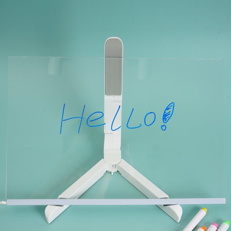 Foldable LED writing board on white tripod stand with blue light writing