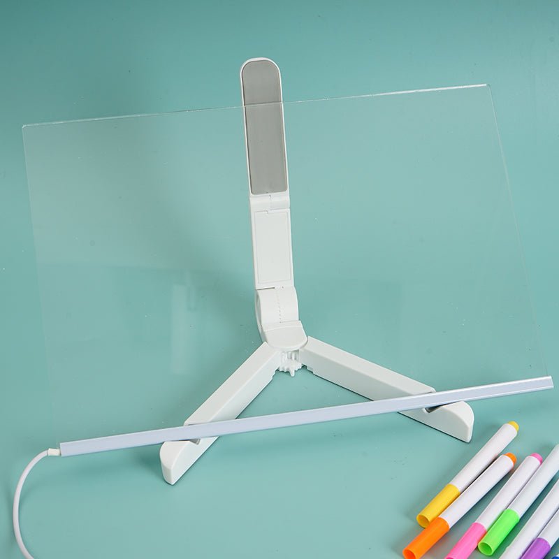 Foldable LED writing board with clear panel, open tripod stand, and colored markers