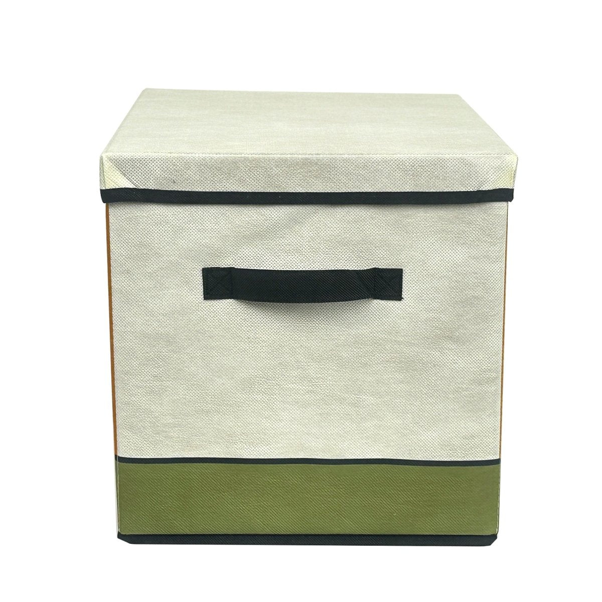 Foldable storage box with lid closed, cream front with black strap handle, green base strip.