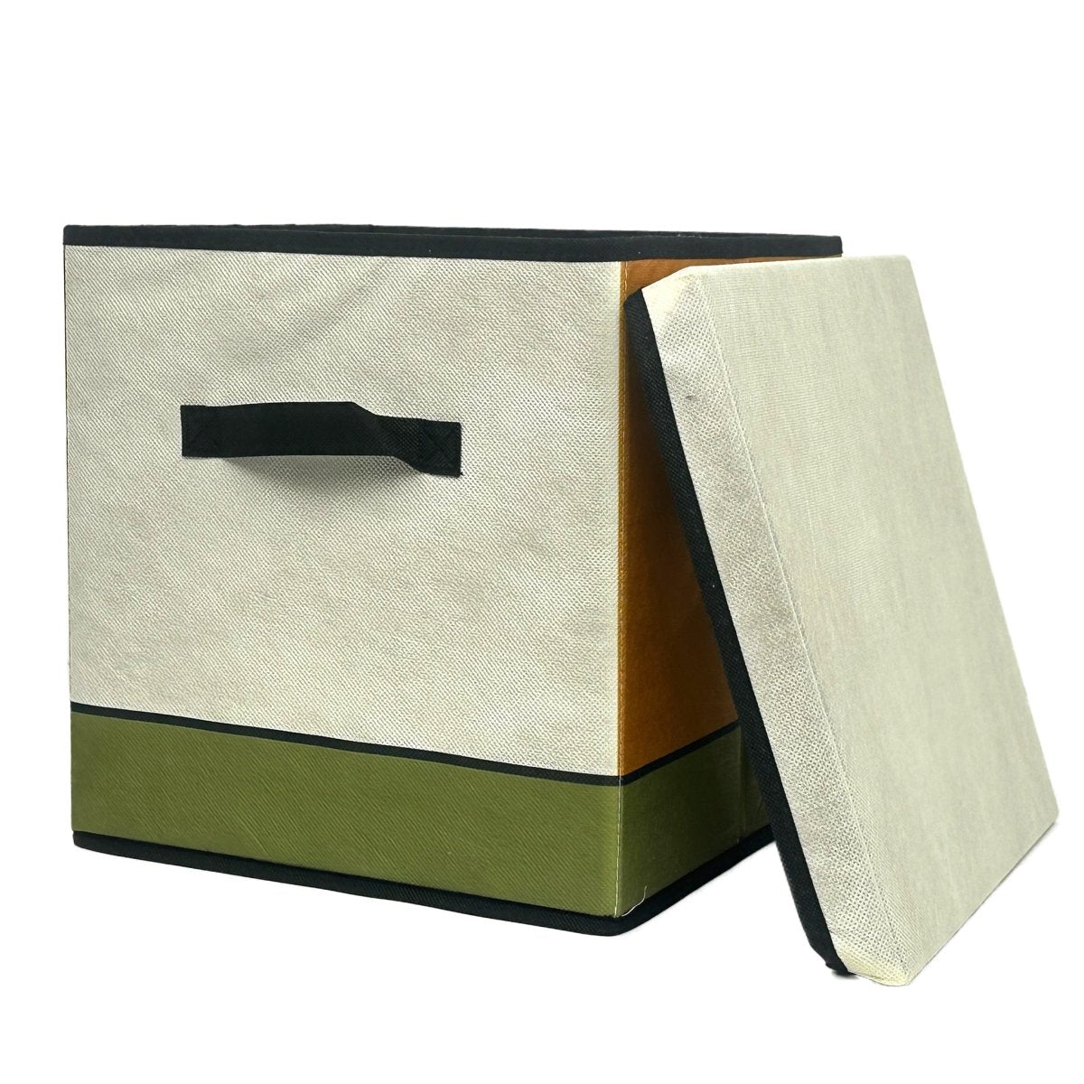 Foldable storage box with lid open, cream fabric body, green lower panel, black pull handle.
