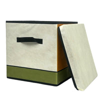 Foldable storage box with lid open, cream fabric body, green lower panel, black pull handle.