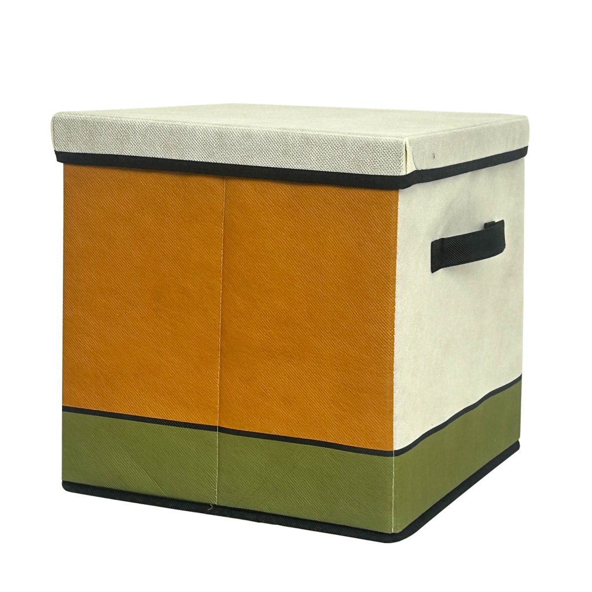 Foldable storage box with lid closed, orange and cream panels with green bottom, black handle.